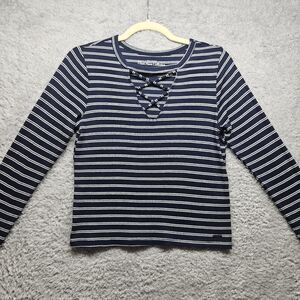 Hollister Navy Blue Stripe Shirt Womens Size Medium Longsleeve Casual Classic